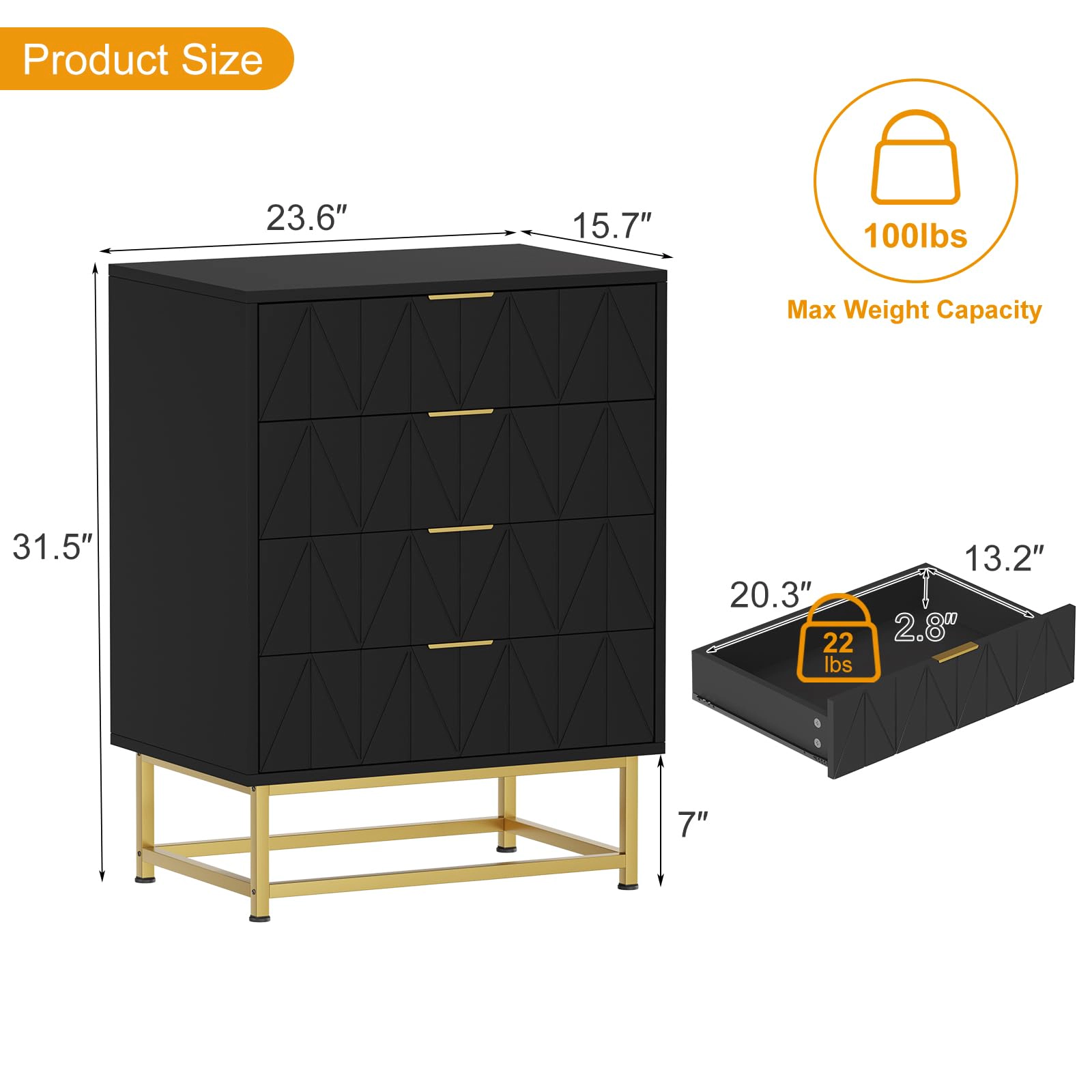 Modern 4 Drawer Wood Dresser with Metal Legs, Wide Storage Chest Organizer for Bedroom Living Room