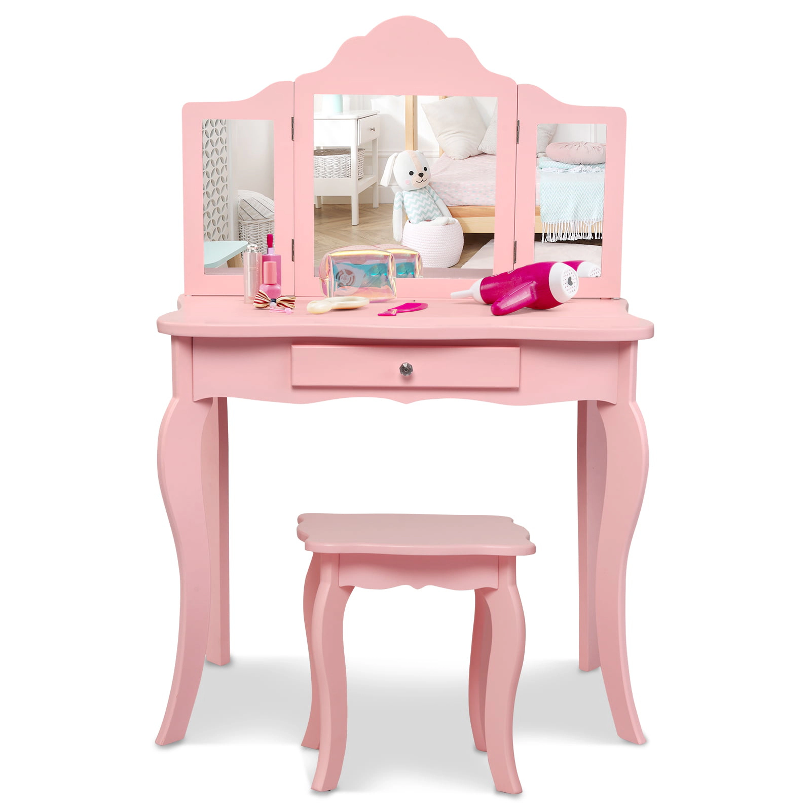 SUGIFT Toddler Vanity Table and Stool Set with Foldable Removable Mirror and Drawer