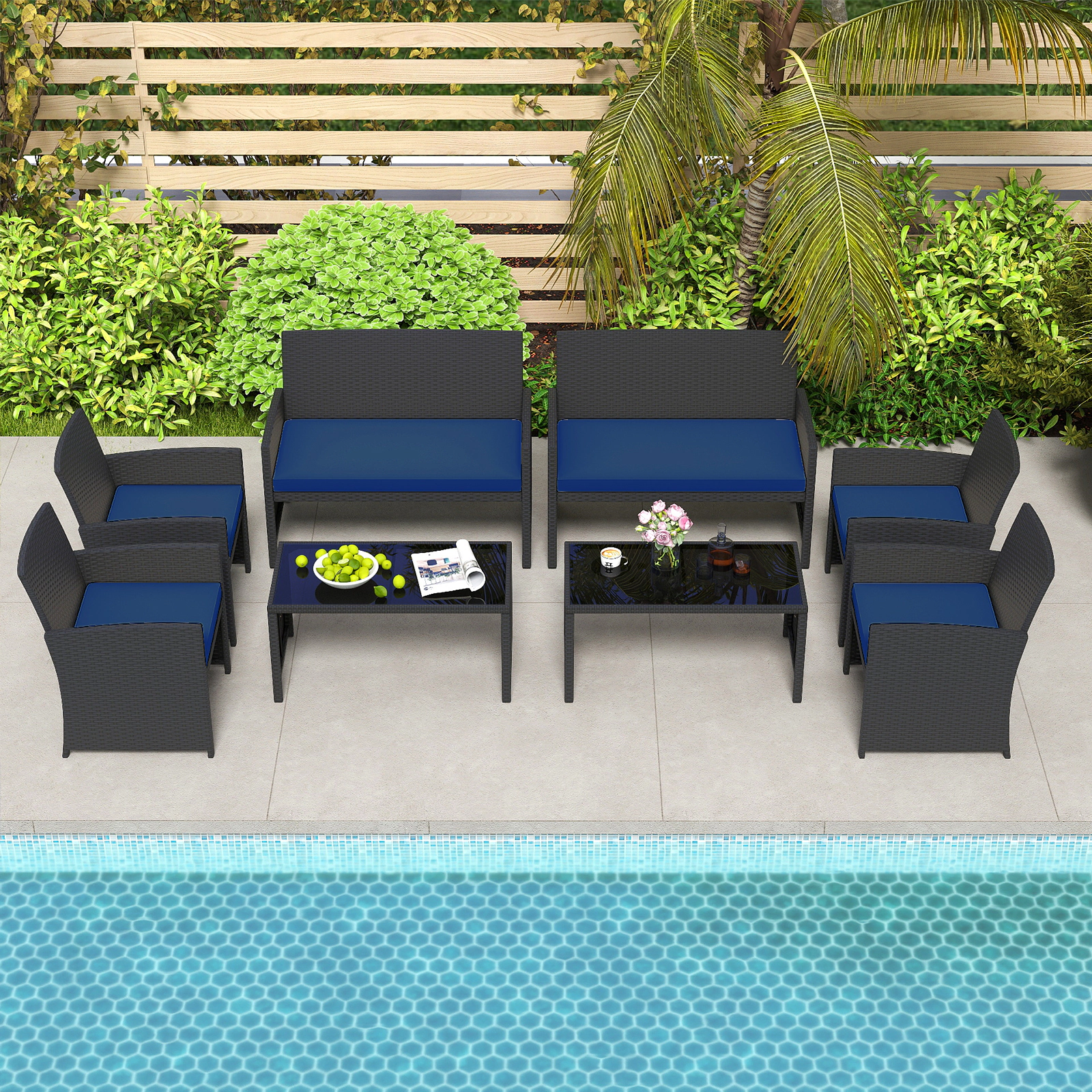 SUGIFT 4-Piece Rattan Patio Conversation Set with Tempered Glass Tabletop 400-800-lb Capacity Navy Cushions