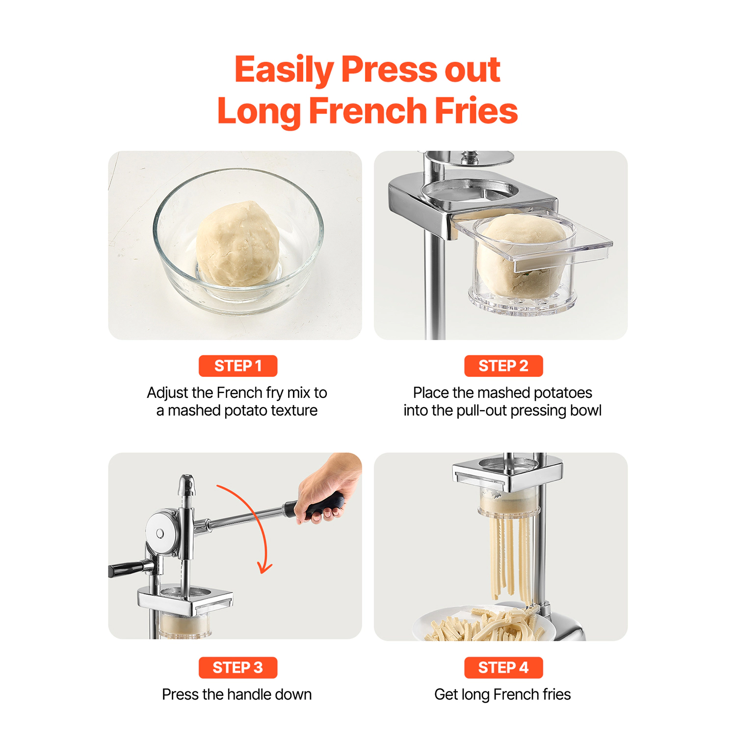 HONGGE Manual Mashed Potato Extruder & Long French Fry Maker, Stainless Steel Press with Pull-Out Bowl