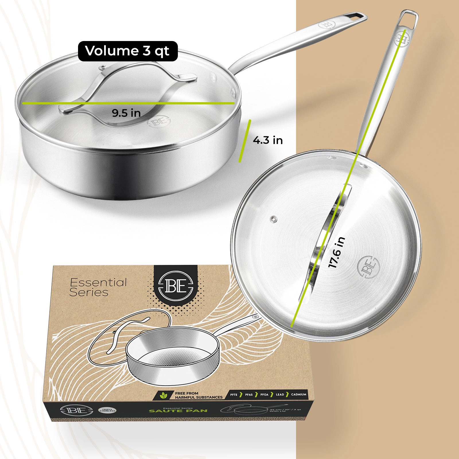 BE - LIVING Essential Series PFAS- free Tri-Ply Stainless Steel Sauté Pan with Lid 9.5"