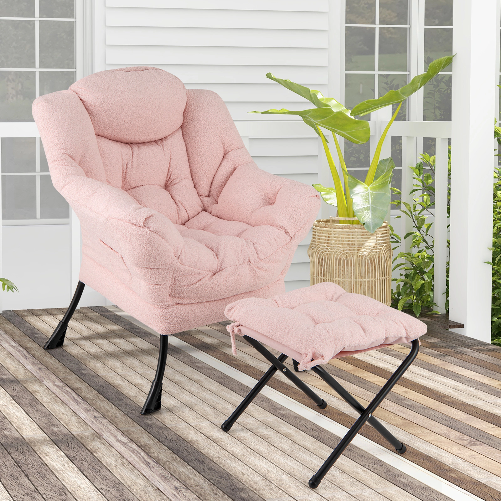SUGIFT Sherpa Accent Chair with Folding Footrest and Head Pillow 31.5-in High Pink