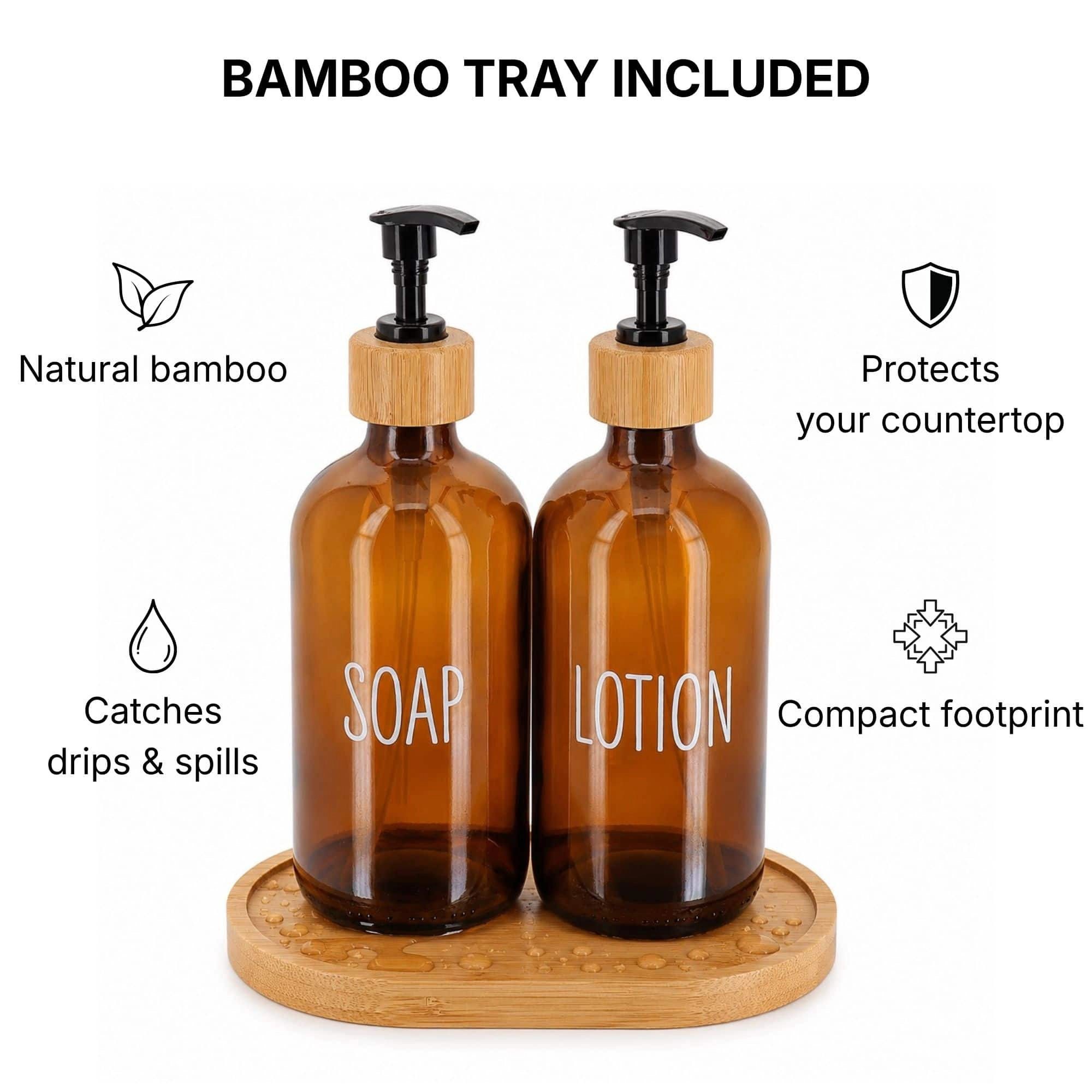 Evideco French Home Goods Amber Glass 17 oz Pump Bottle Set with Bamboo Tray