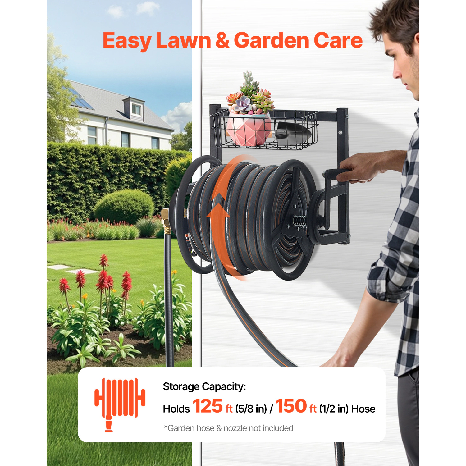 HONGGE Heavy-Duty Wall Mounted Garden Hose Reel Holds 5/8-inch Hose Outdoor Winder