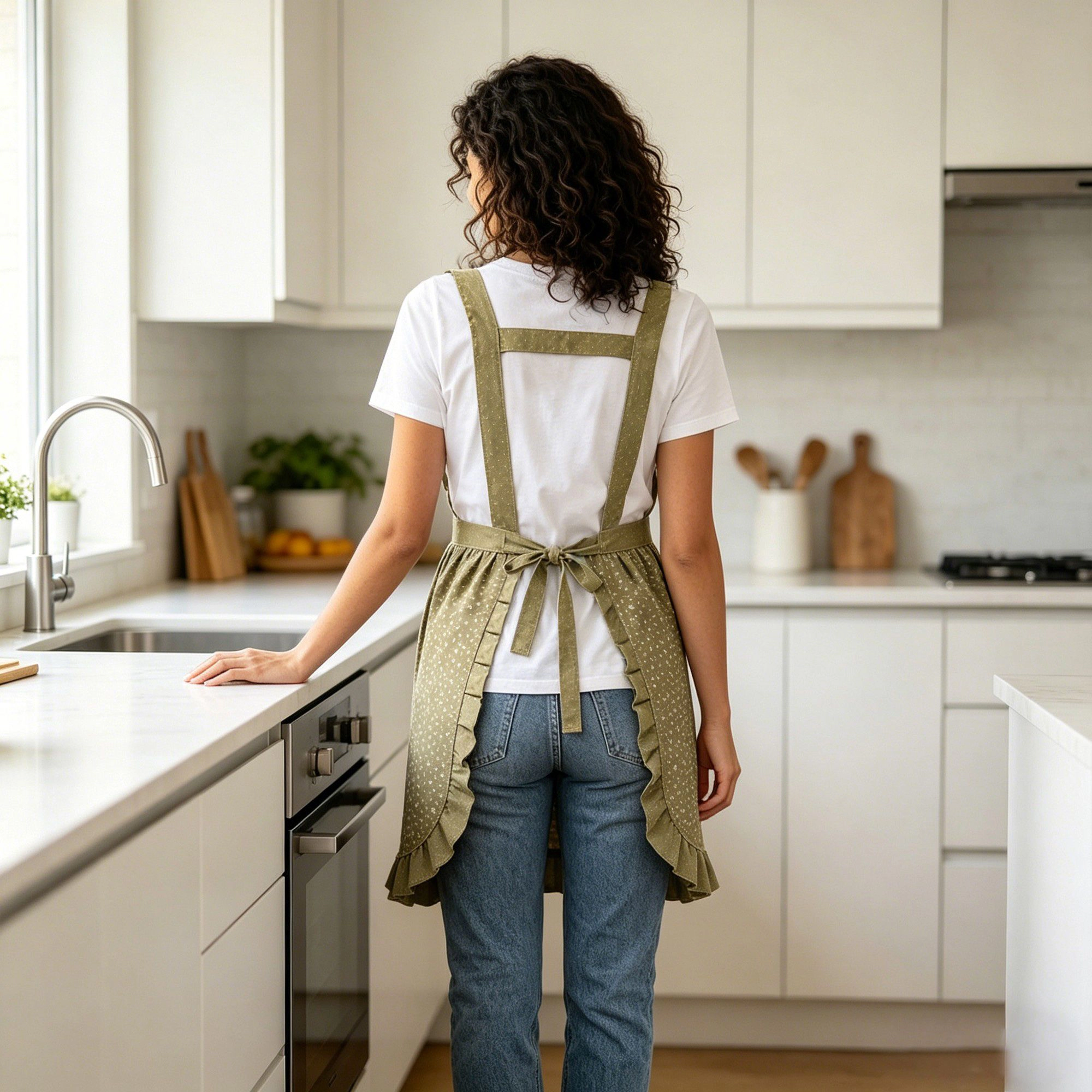Alilang Unisex Floral Print Kitchen Apron with Ruffled Trim Adjustable Waist Ties and Front Pockets