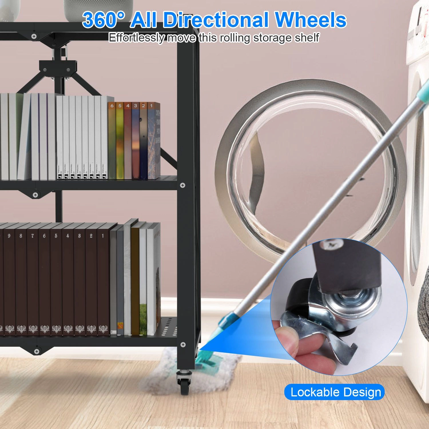 Flynama 3 Tier Foldable Shelving with Lockable Wheels No Assembly Rolling Utility Rack for Kitchen Pantry and Bedroom