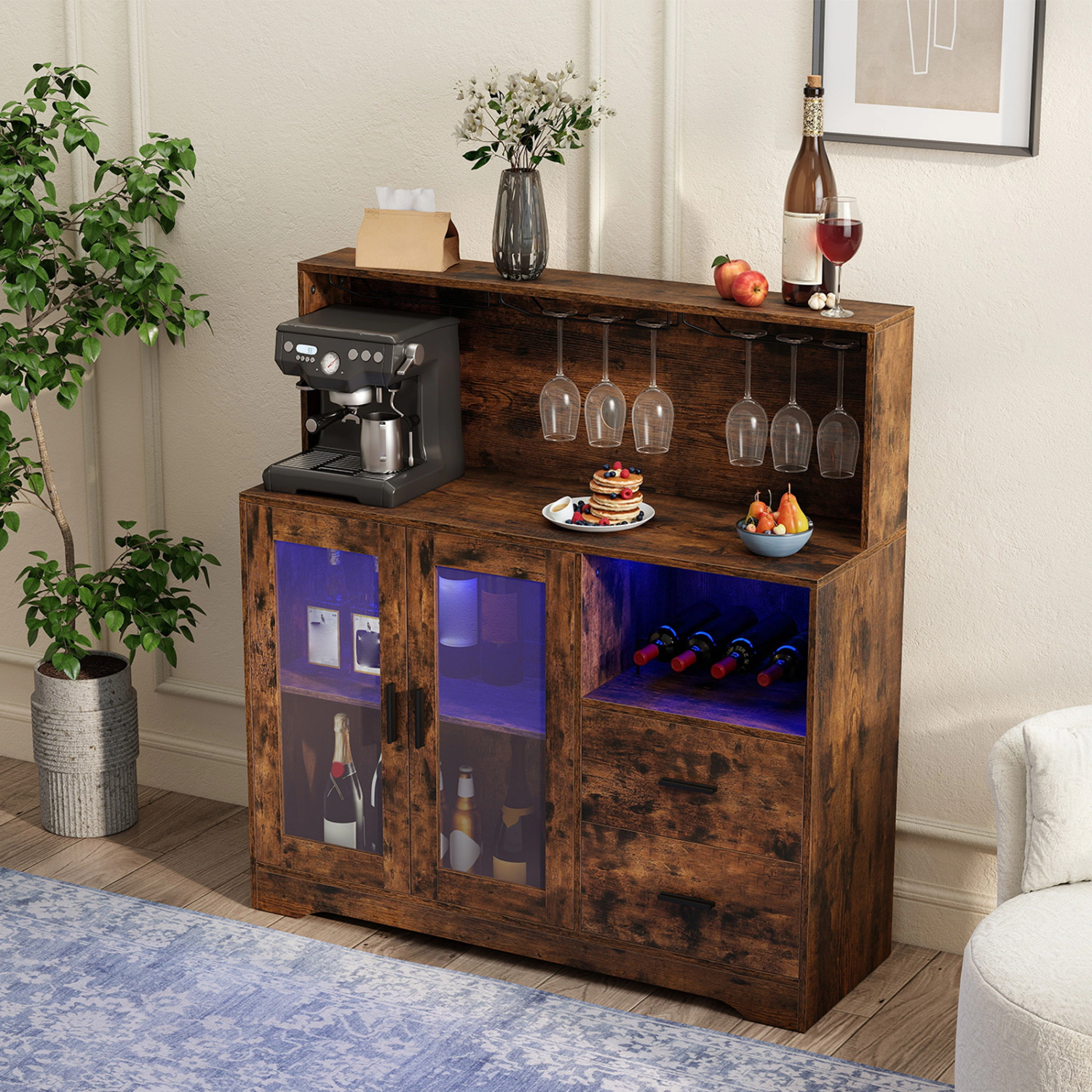 LJG Wine Bar Cabinet with LED Lights and Charging Station