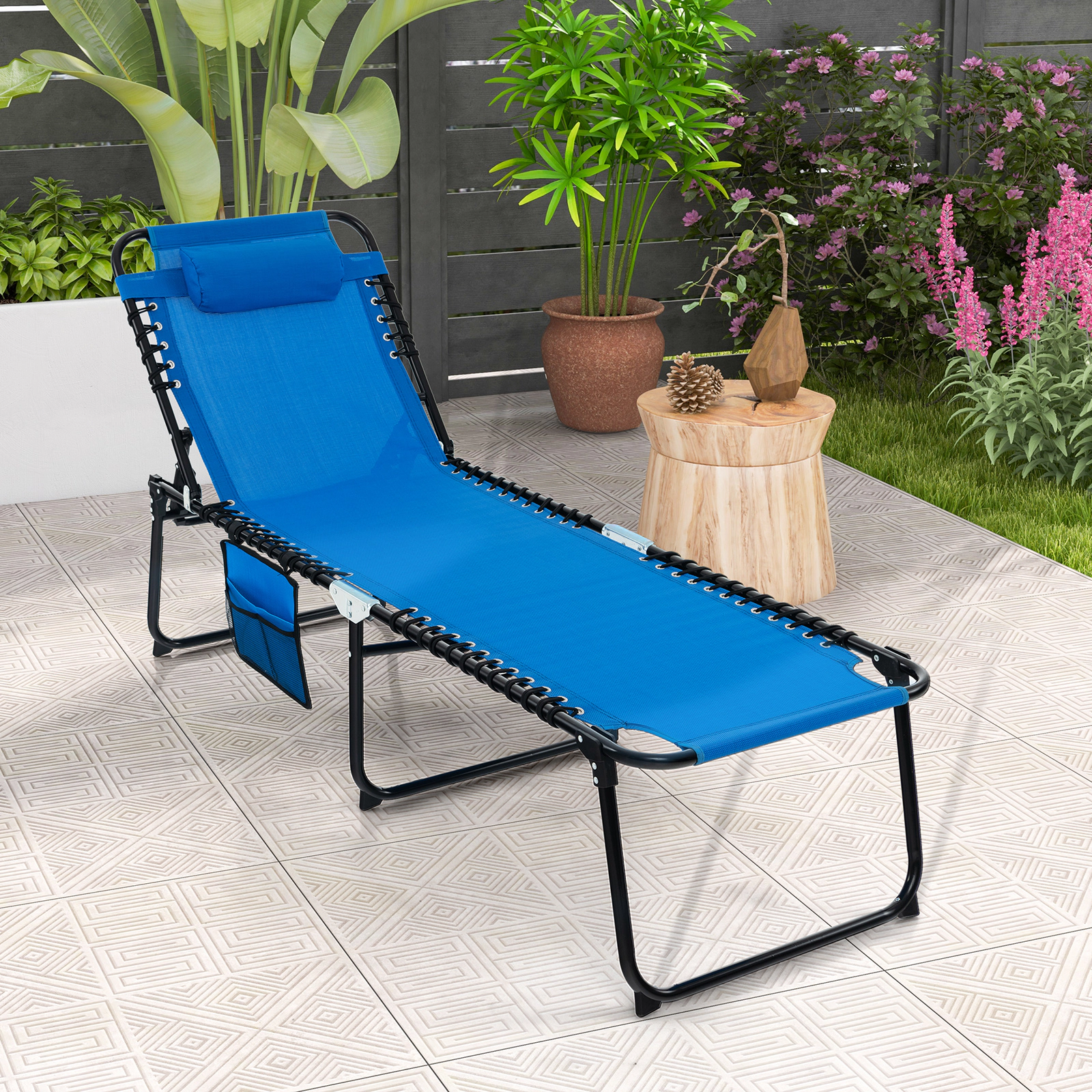 Foldable Reclining Lounge Chair with 4-Position Backrest 2-Position Footrest and Removable Headrest Portable Beach Blue