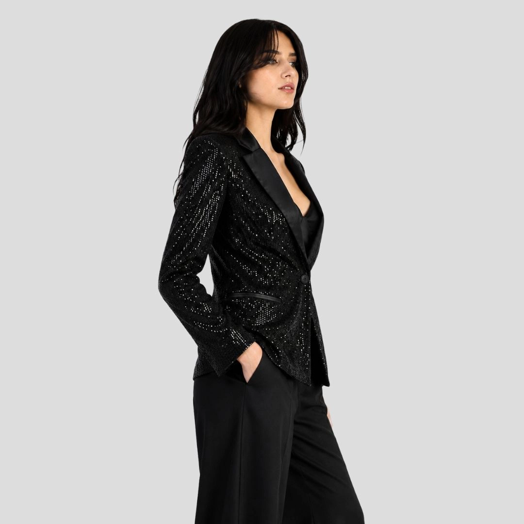 Artyska Women's Long Sleeve Sequin Satin Blazer Jacket Party Sparkly Coat