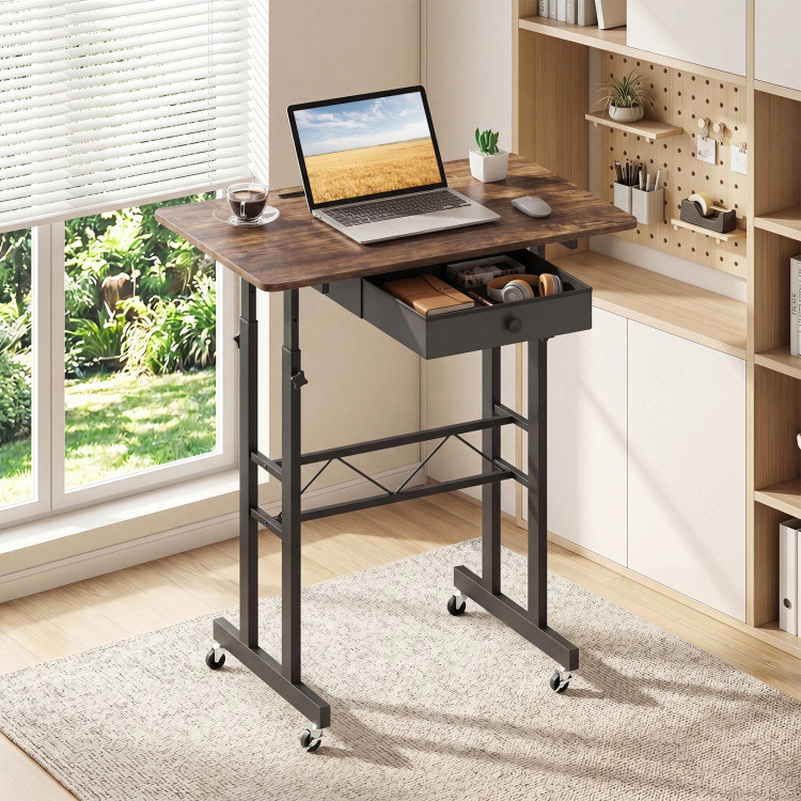 SUGIFT Height Adjustable Laptop Standing Desk with Fabric Drawer and Tablet Holder 45-lb Tabletop Rustic Brown