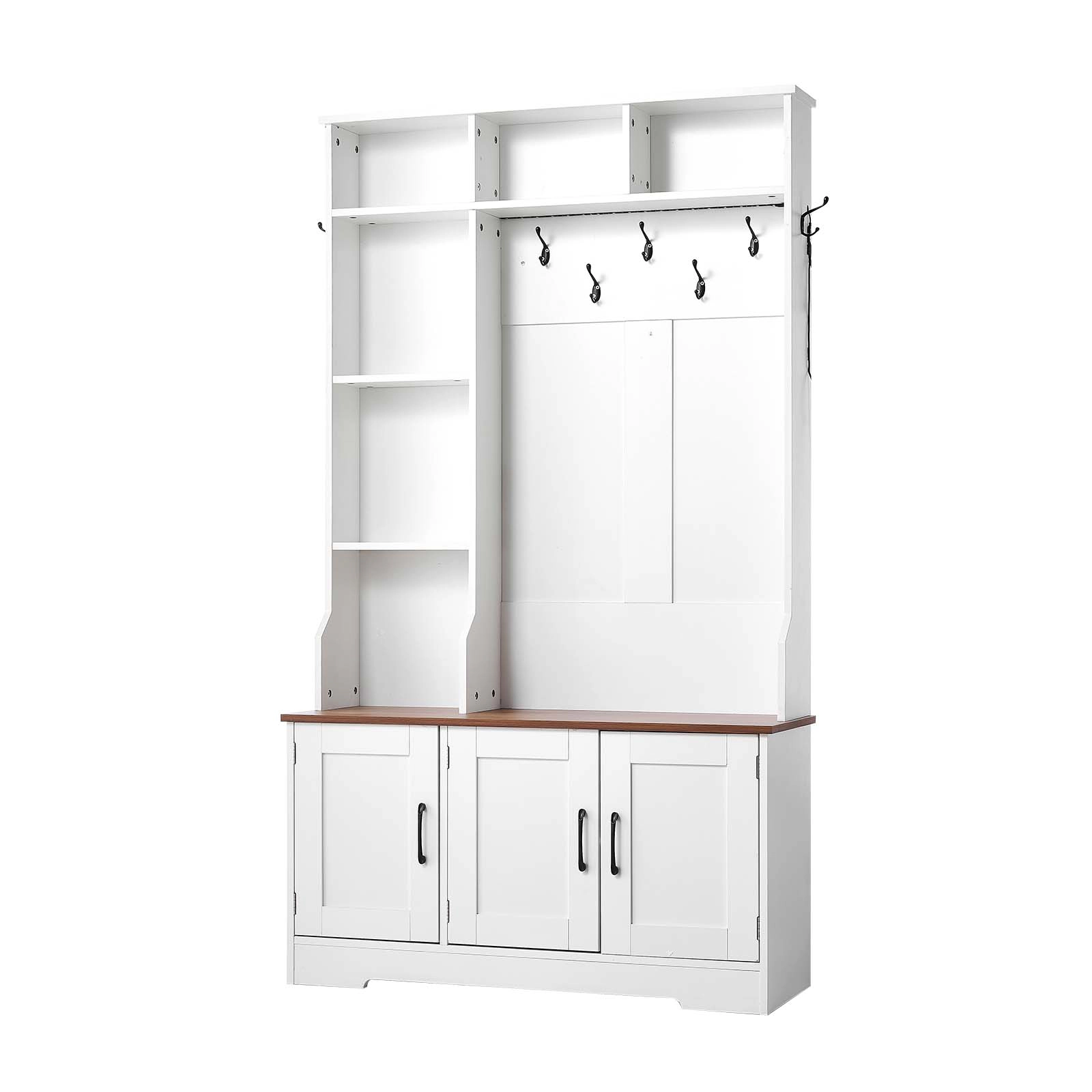 HONGGE 39 Inch Hall Tree with Bench and Shoe Storage, Entryway Organizer with Hooks, Shelves, LED Light, White