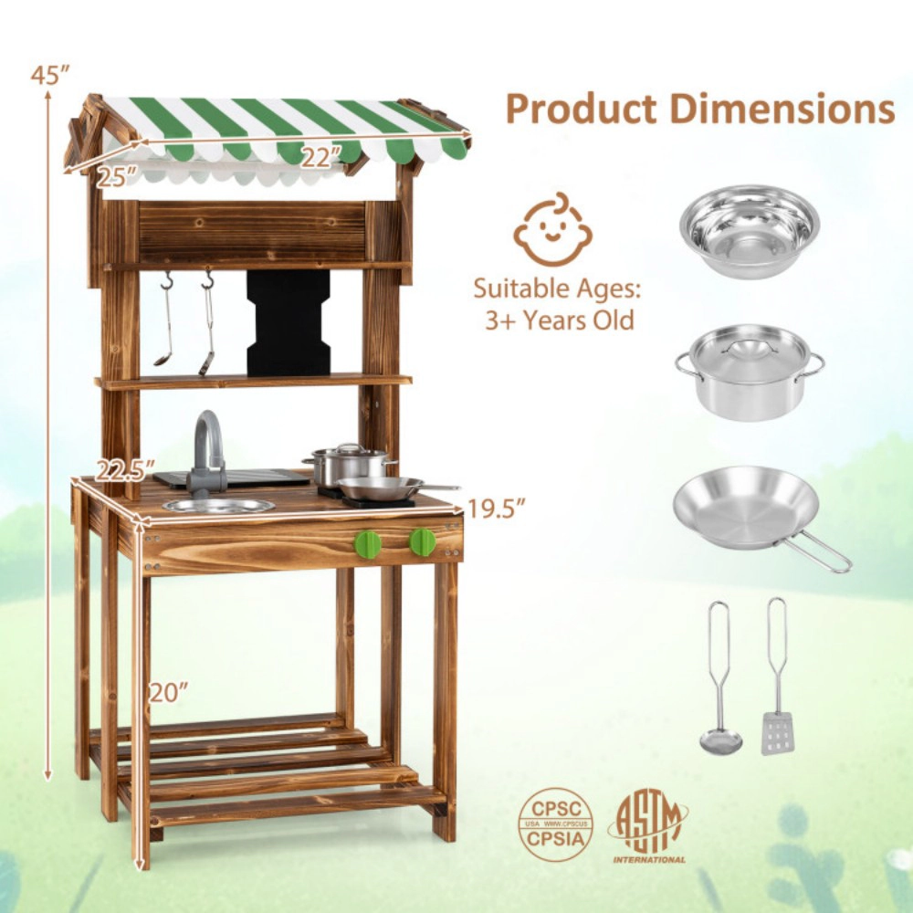 SUGIFT Double-Sided Mud Kitchen with Canopy and Sliding Chalkboard for Ages 3+ Brown
