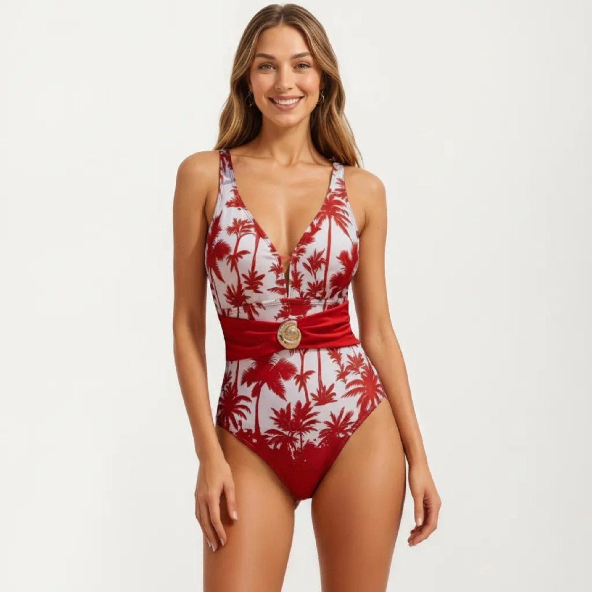 Anna-Kaci Women One-Piece Swimsuit - Palm Tree Print V-Neck, Wide Straps, Waist Detail