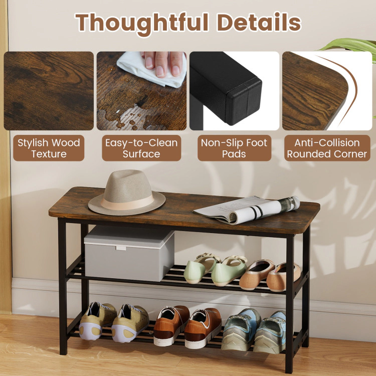 Hivvago 3-Tier Shoe Rack Shoe Bench with Metal Slat Shelves and Long Wooden Seat