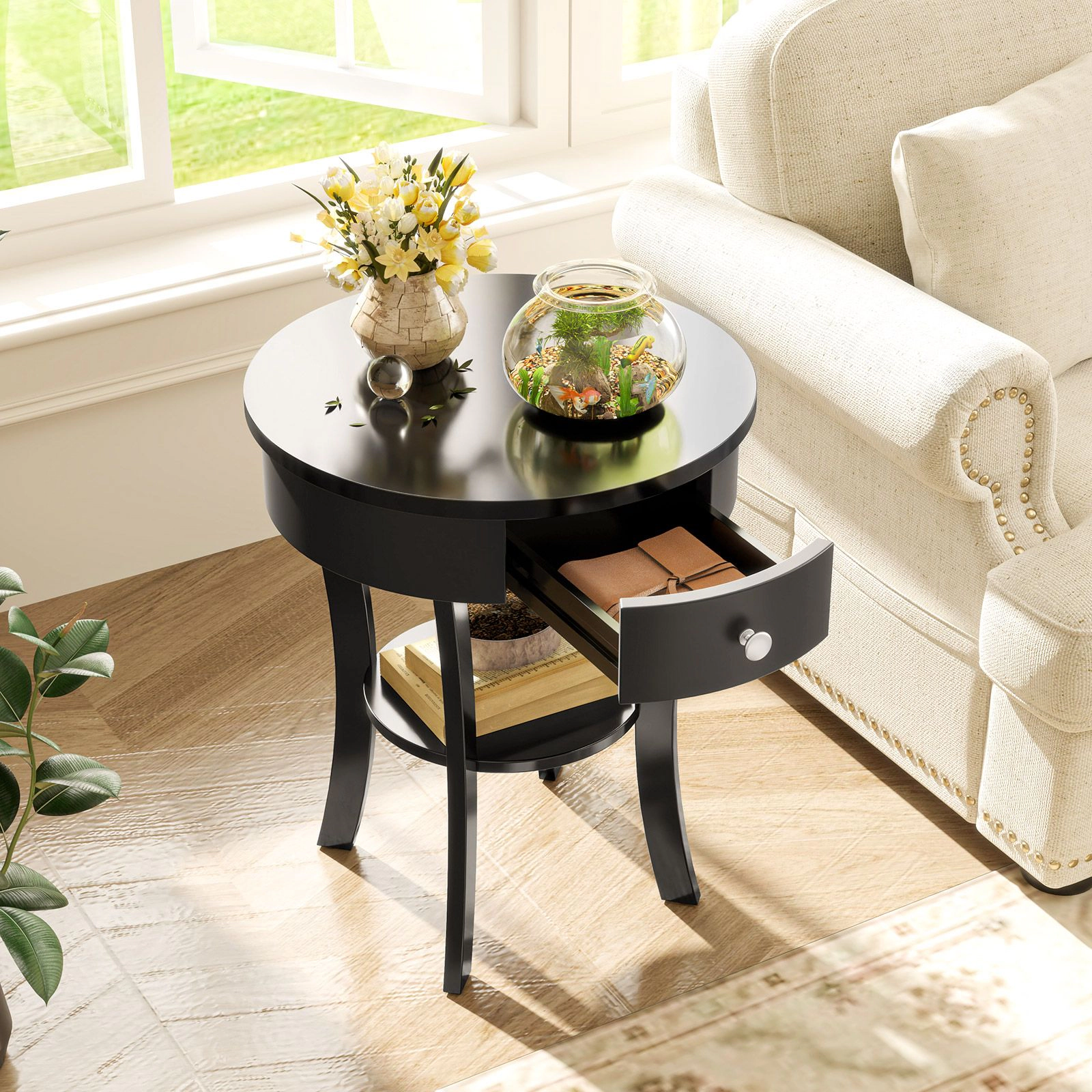 SlickBlue Modern Round End Table with Drawer and Storage Shelf