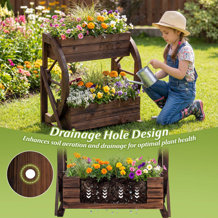 Hivvago 2-tier Raised Garden Bed Rustic Wood Wagon Planter with Drainage Holes and Semi-wheels