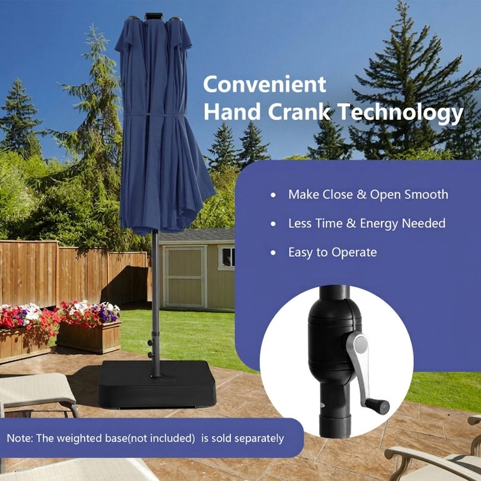 SUGIFT 15.4-ft Double-Side Twin Patio Umbrella 48 Solar LED Lights 26-lb Net Weight Steel Polyester Fabric Canopy Navy