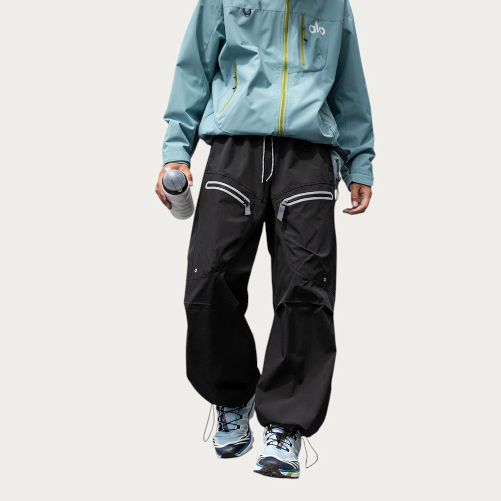 Anna-Kaci Men's Wide-Leg Cargo Pants with Zippered Pockets and Adjustable Drawstring Waist