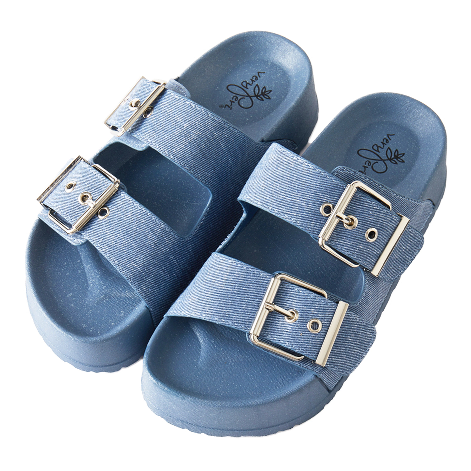 Roxoni Women's Open Toe Denim Double Adjustable Buckle Sandal Slipper