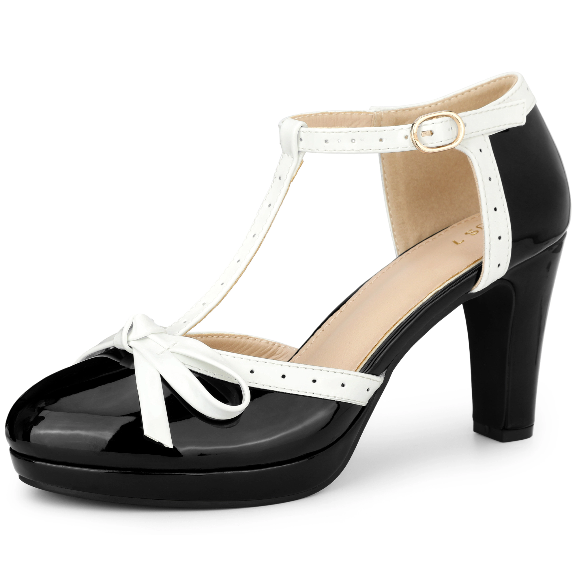 BLISSFUL STEP Women's Platform Bow Chunky Heels T-Strap Mary Janes Pumps