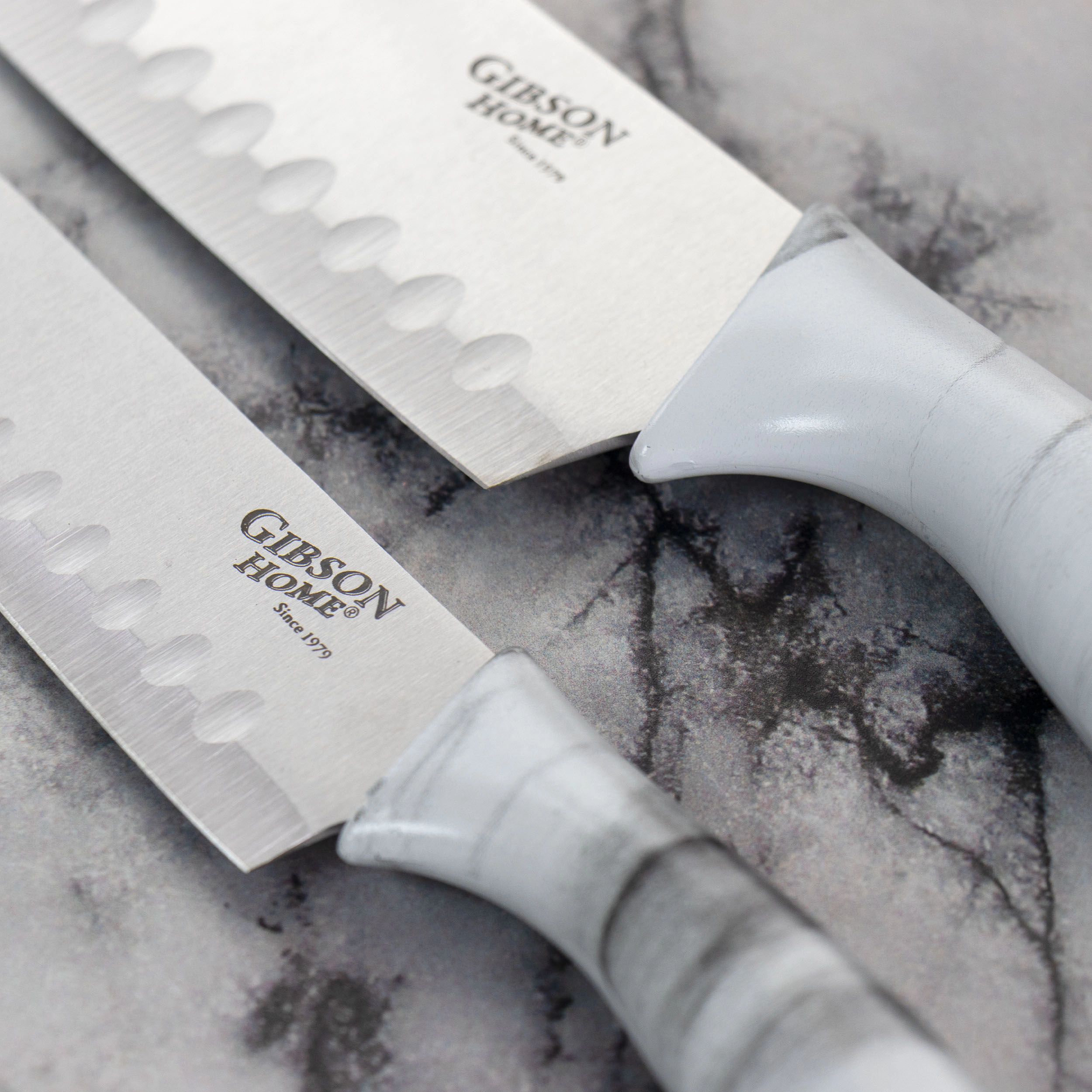 Gibson Home Beaumont 3 Piece Stainless Steel Santoku Knife Set with Cutting Board in White Marble