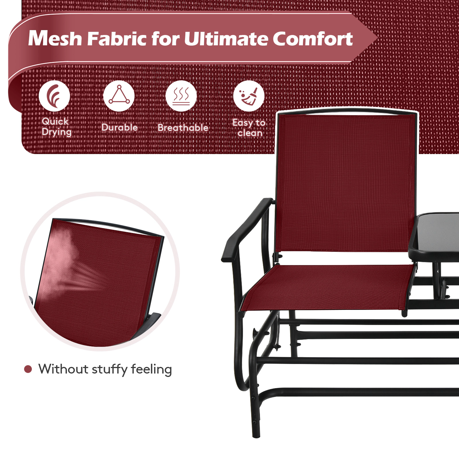 SUGIFT 2-Person Mesh Steel Frame Tempered Glass Table Glider Rocking Chair 57-in x 28-in x 38-in 530-lb Capacity Red