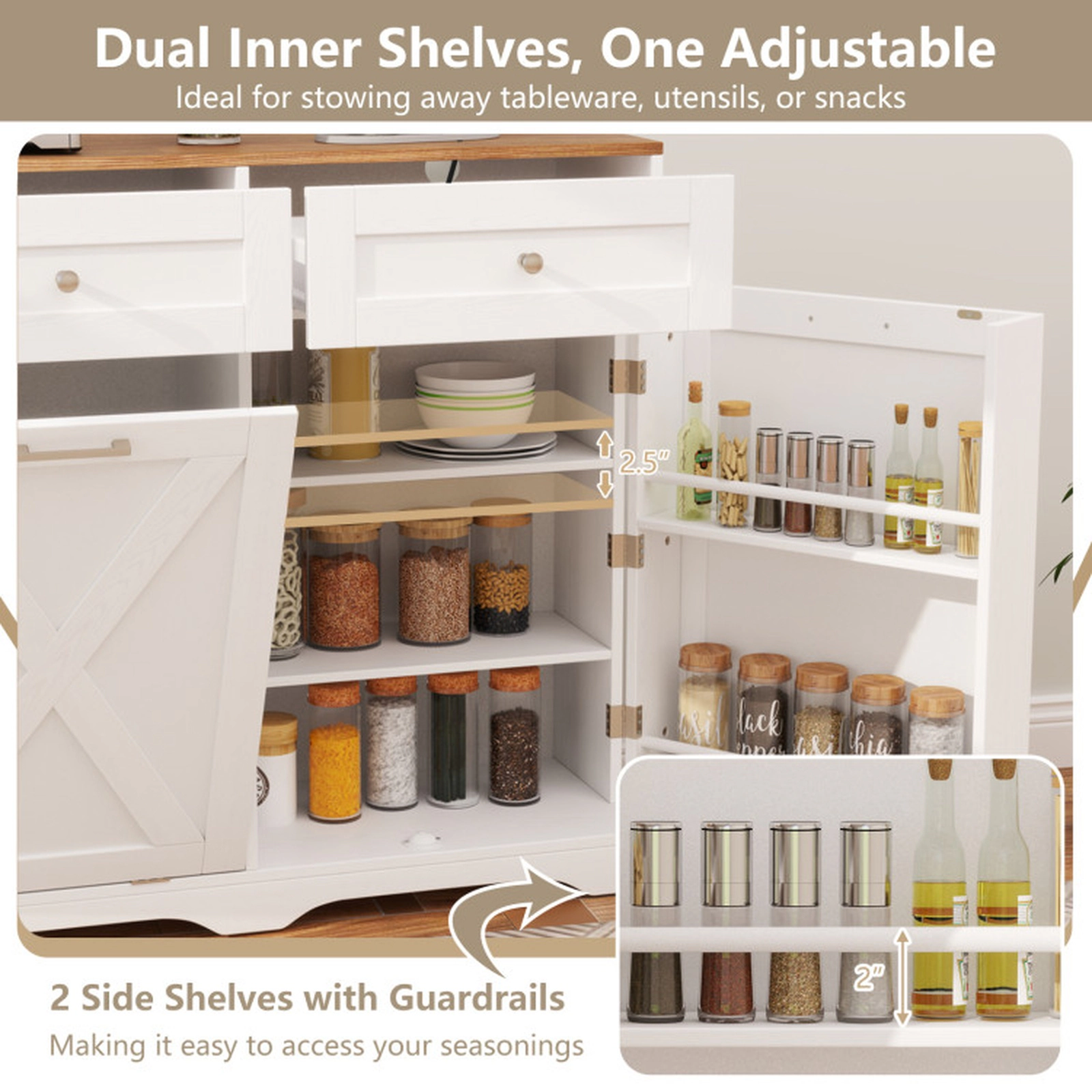SUGIFT Tilt Out Trash Can Cabinet Sideboard with Power Outlets and Shelf 100-lb Countertop 35-lb Trash Can Holder