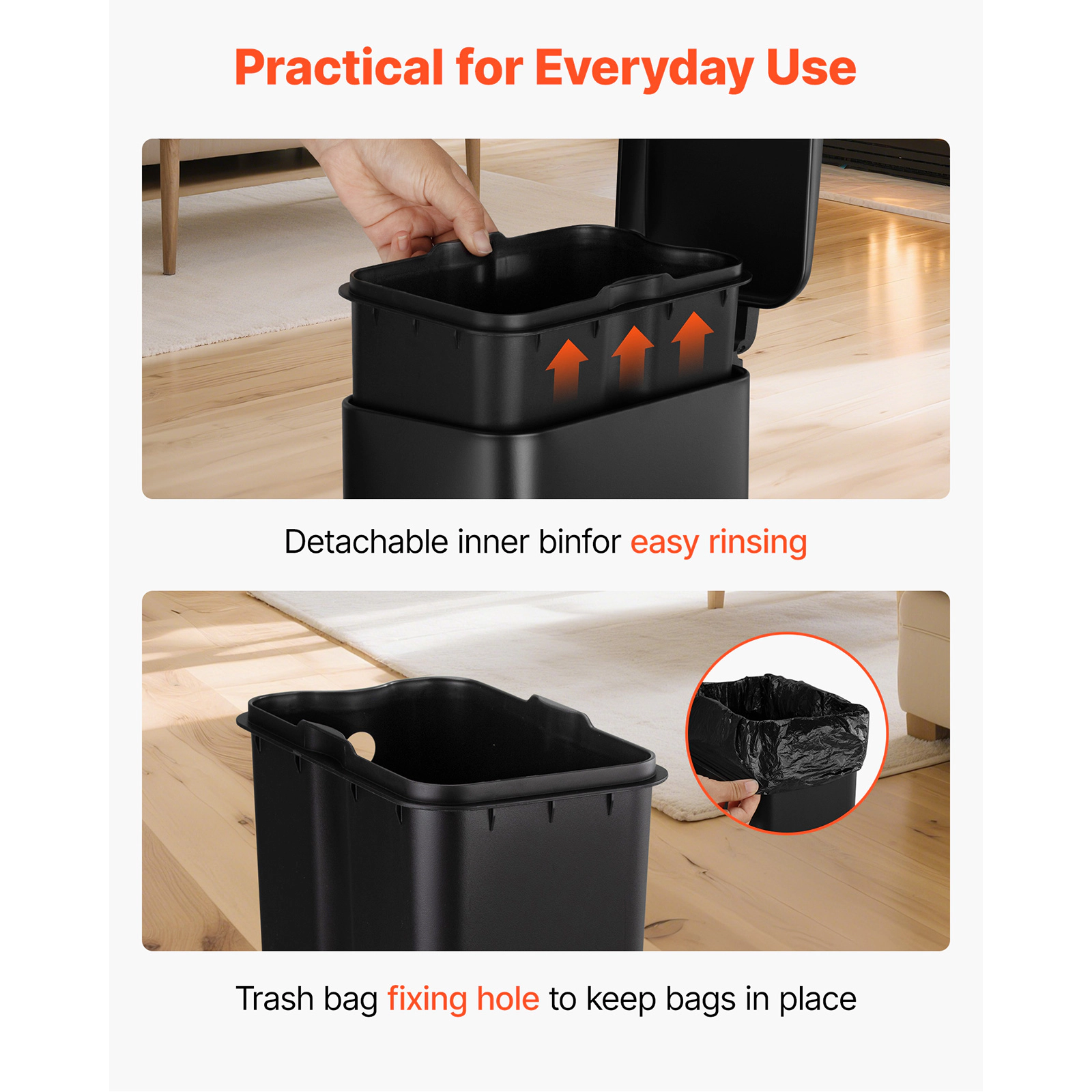 HONGGE Slim Bathroom Trash Can with Step Pedal & Soft-Close Lid, 6L Steel Bin with Detachable Liner, Black