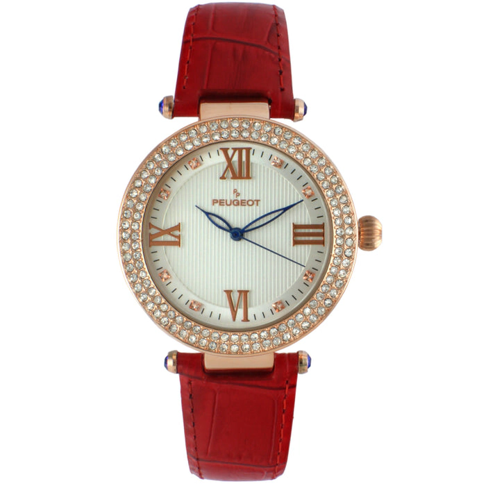 Peugeot Women's 38mm Red Watch Crystal Bezel Leather Strap