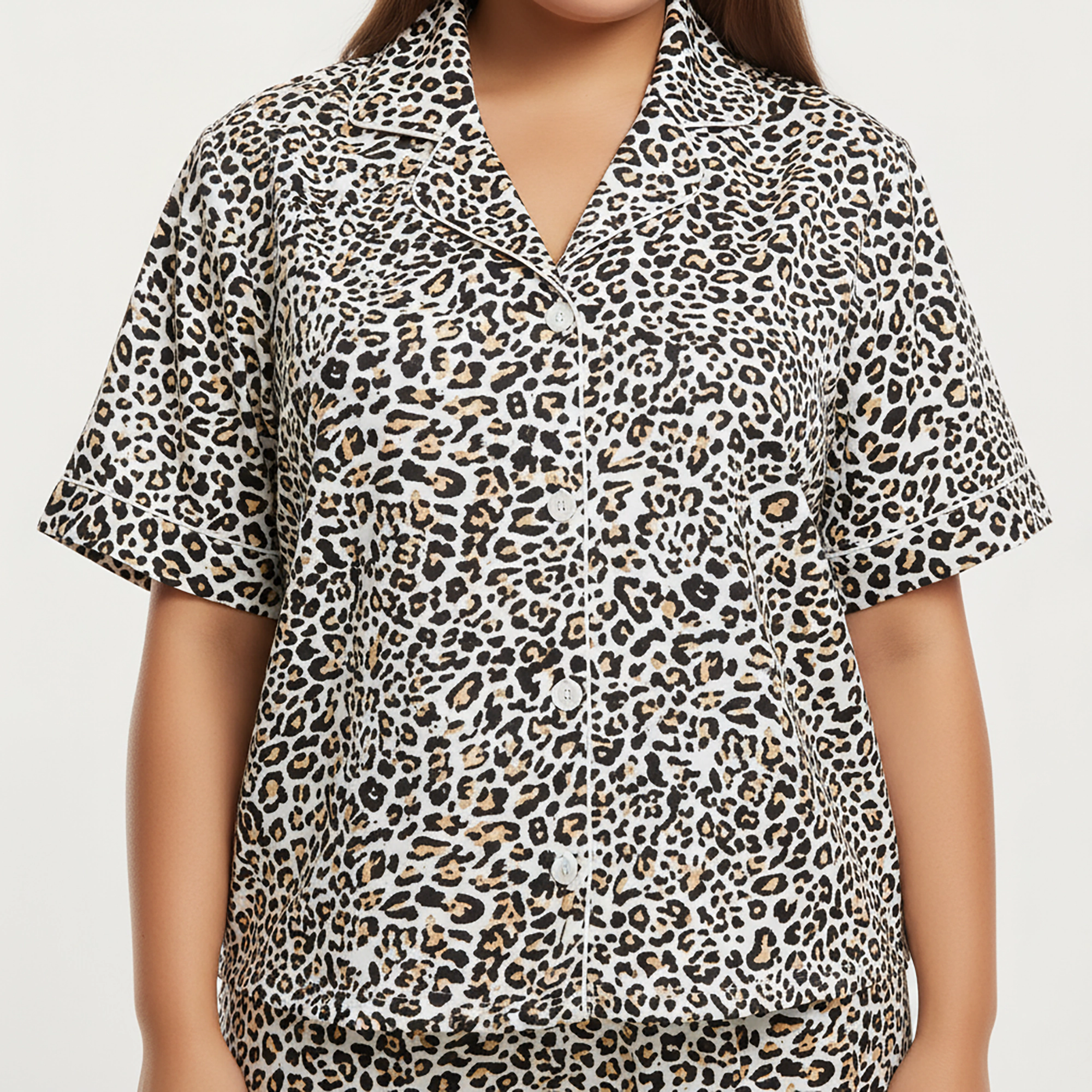 Anna-Kaci Women's Plus Leopard Print Pajama Set Soft Satin Finish Relaxed Button Front Top and Straight Leg Pants