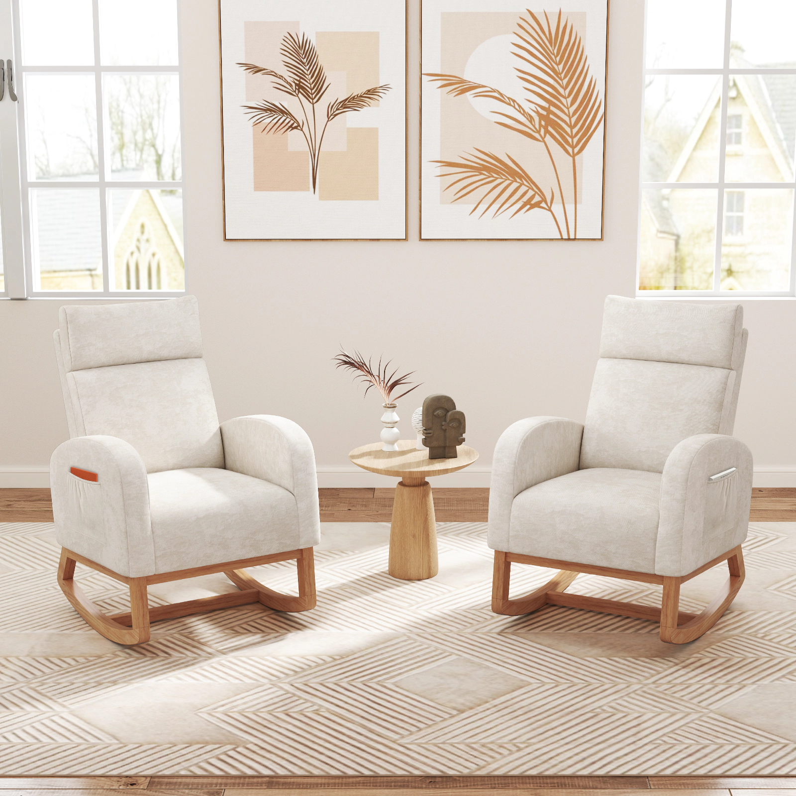 LJG Nursery Rocking Chair Upholstered Chenille Rocker Armchair with Natural Rubber Wood Frame