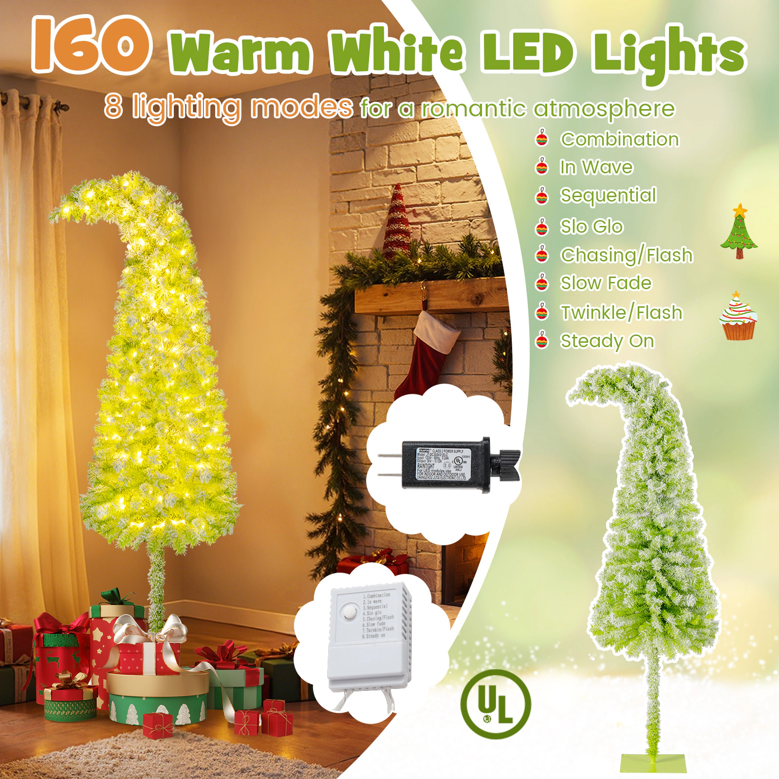 Costway 5/6/7 FT Whimsical Christmas Tree with Bendable Top, 216/290/366 Branch Tips, 80/120/160 LED Lights