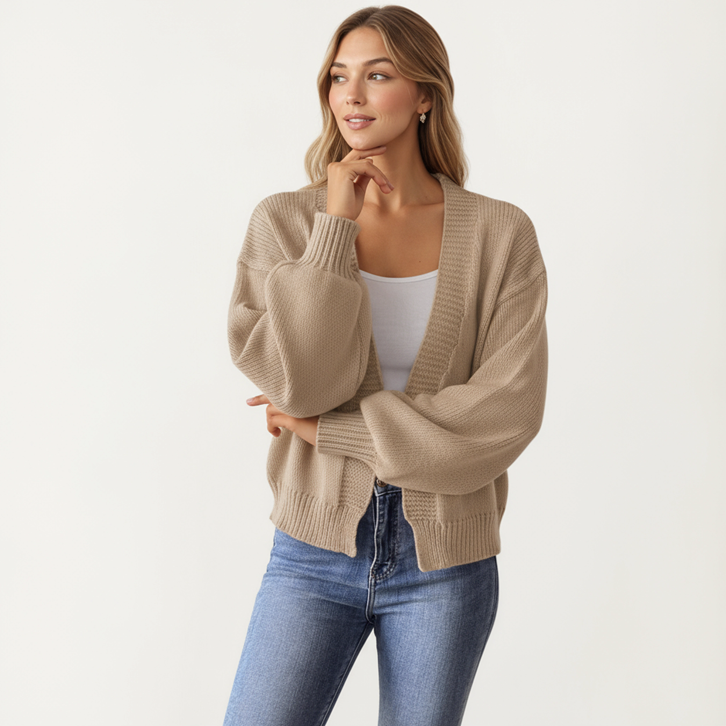 Anna-Kaci Women's Open Front Knit Cardigan with Relaxed Fit and Ribbed Hem