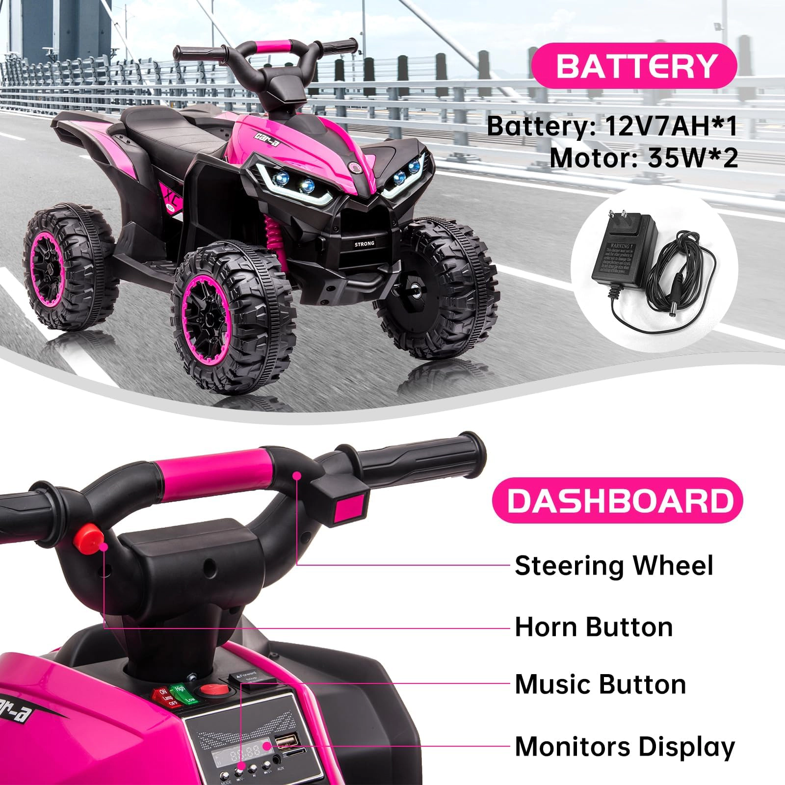 12V Kids Ride On ATV Quad with Remote Control, Music & LED Lights for Boys & Girls Ages 3-8