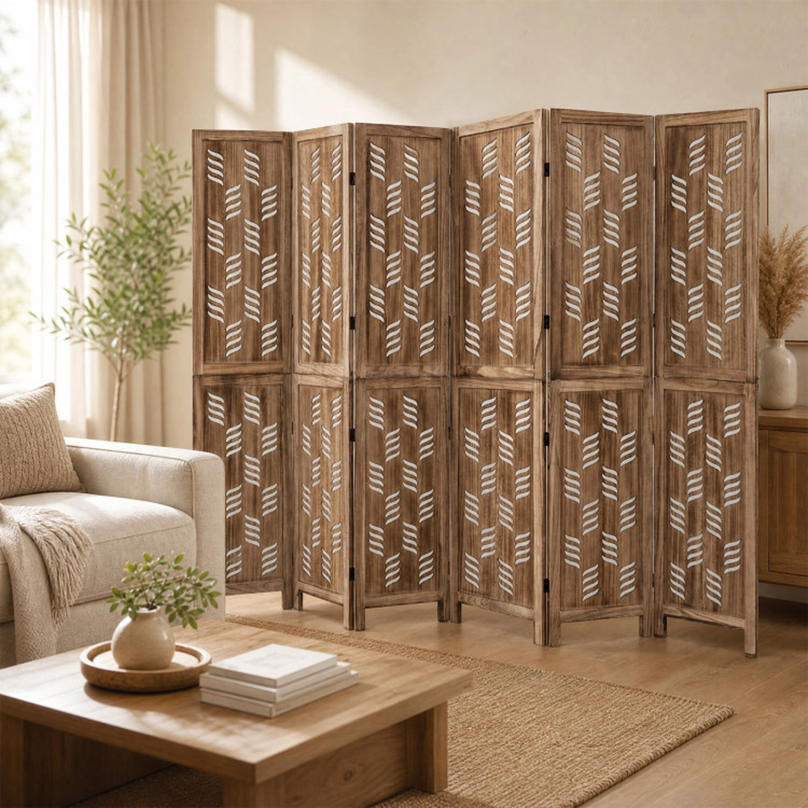 SUGIFT 6-Panel Paulownia Wood Room Divider Shelving Unit 95 x 67 in with Wave Cutouts 20.5-lb Net Weight Brown White