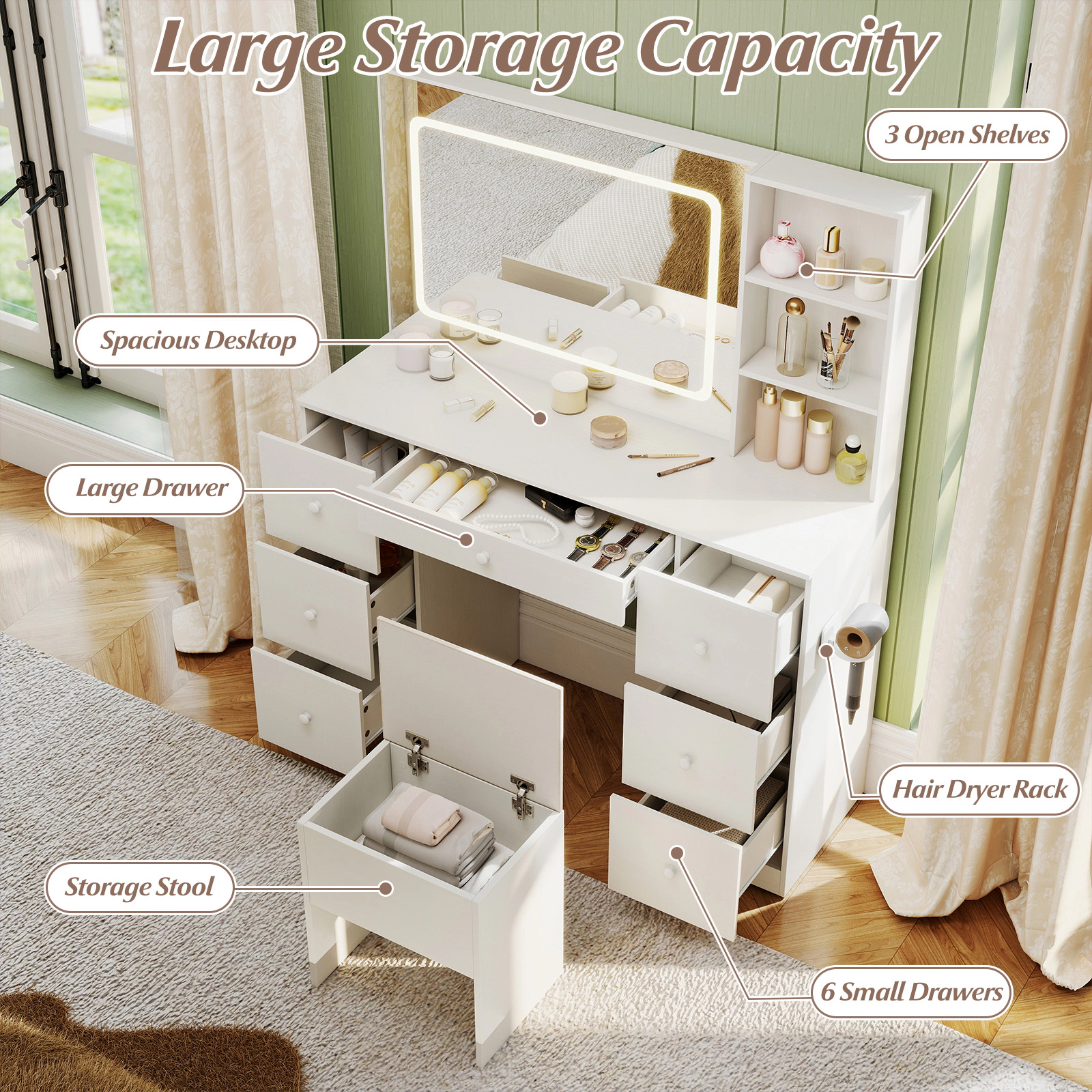 SUGIFT White Large Lighted Mirror and 7 Storage Drawers 46 Inch Vanity Desk and Stool Set
