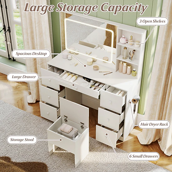 SUGIFT White Large Lighted Mirror and 7 Storage Drawers 46 Inch Vanity Desk and Stool Set