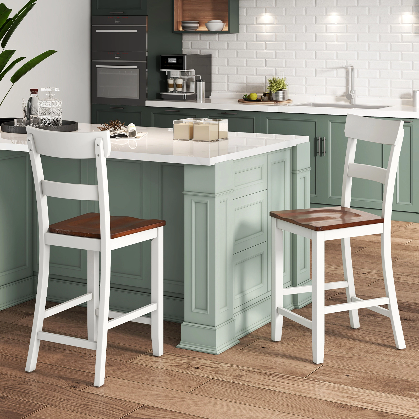 SUGIFT Dining Bar Stool Set of 2 with Solid Rubber Wood Frame 350-lb Capacity 24.5-in Seat Height 42-in Tall White