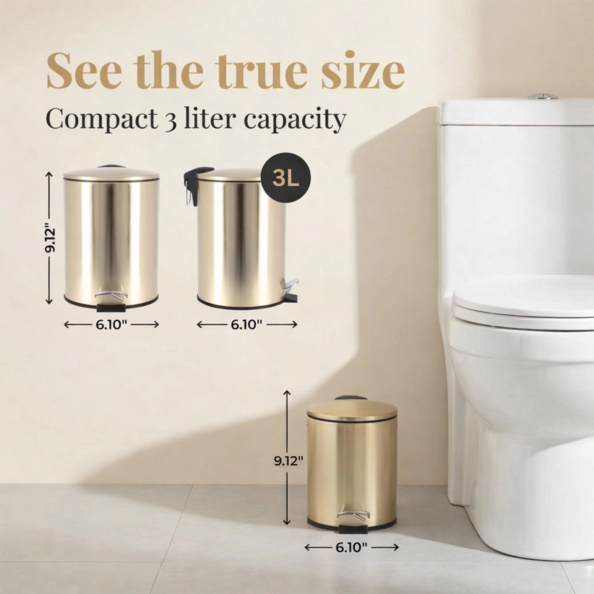 Evideco French Home Goods Brushed Gold 3 L Soft-Close Pedal Trash Can