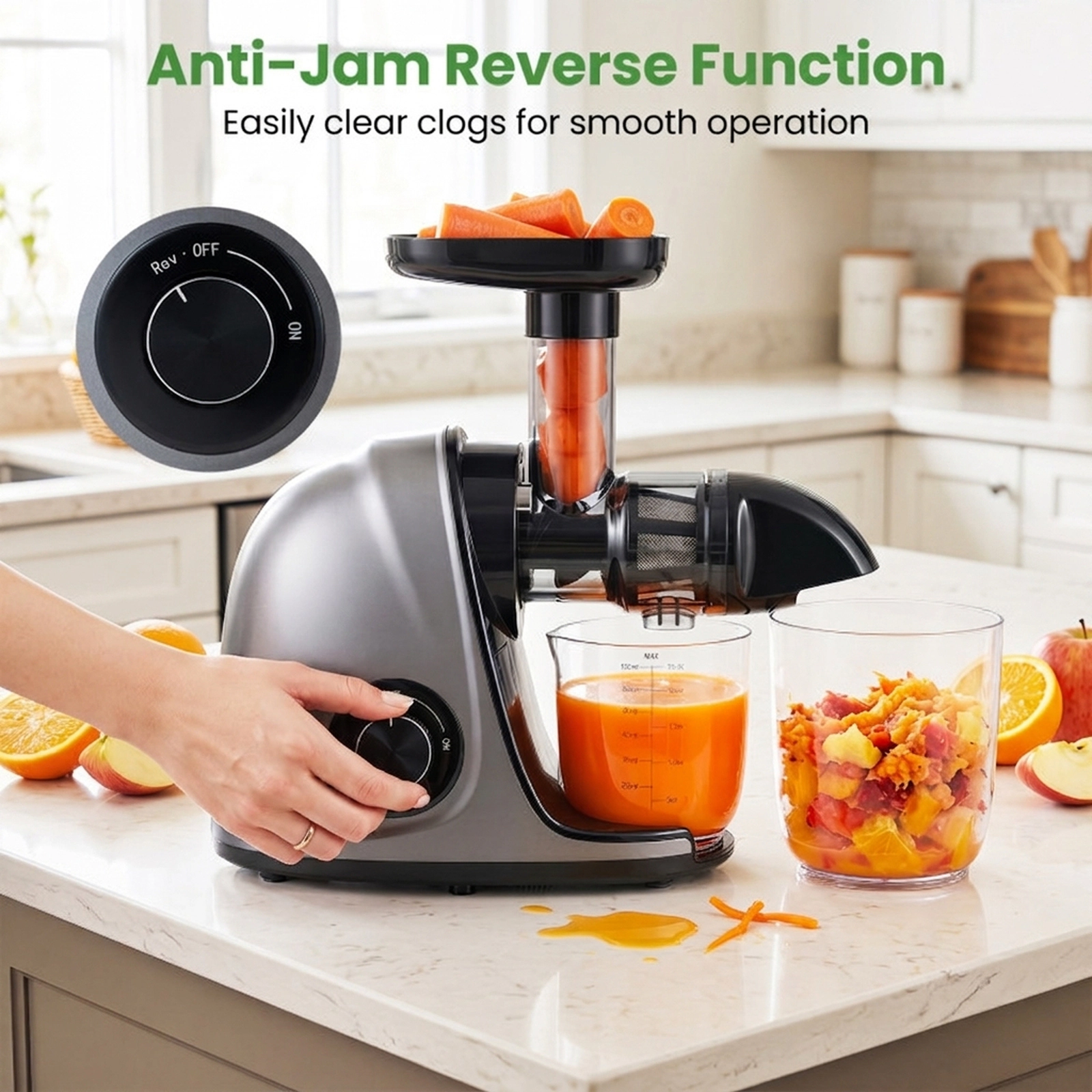 SUGIFT 150W 2-Speed Cold Press Slow Masticating Juicer Machine with Anti-Jam Reverse and 24-oz Juice Jug