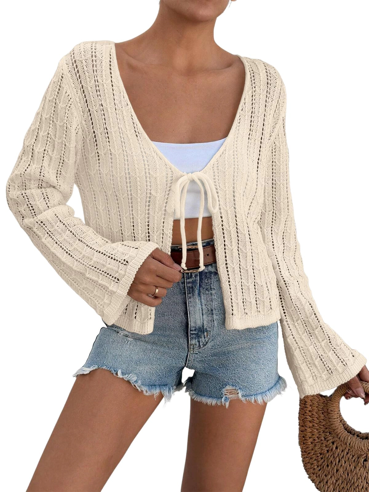 YesFashion Women's Long Sleeve V-Neck Bow Tie Cardigan Knit Shrugs Sweater