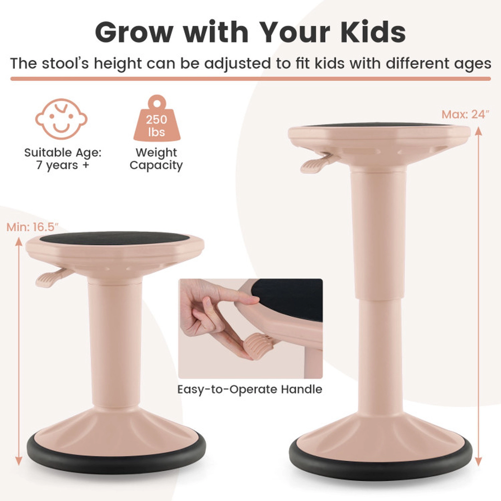 SUGIFT Adjustable-Height Wobble Chair Active Learning Stool 250-lb Capacity Ages 7+ 16.5-24-in Height Pink