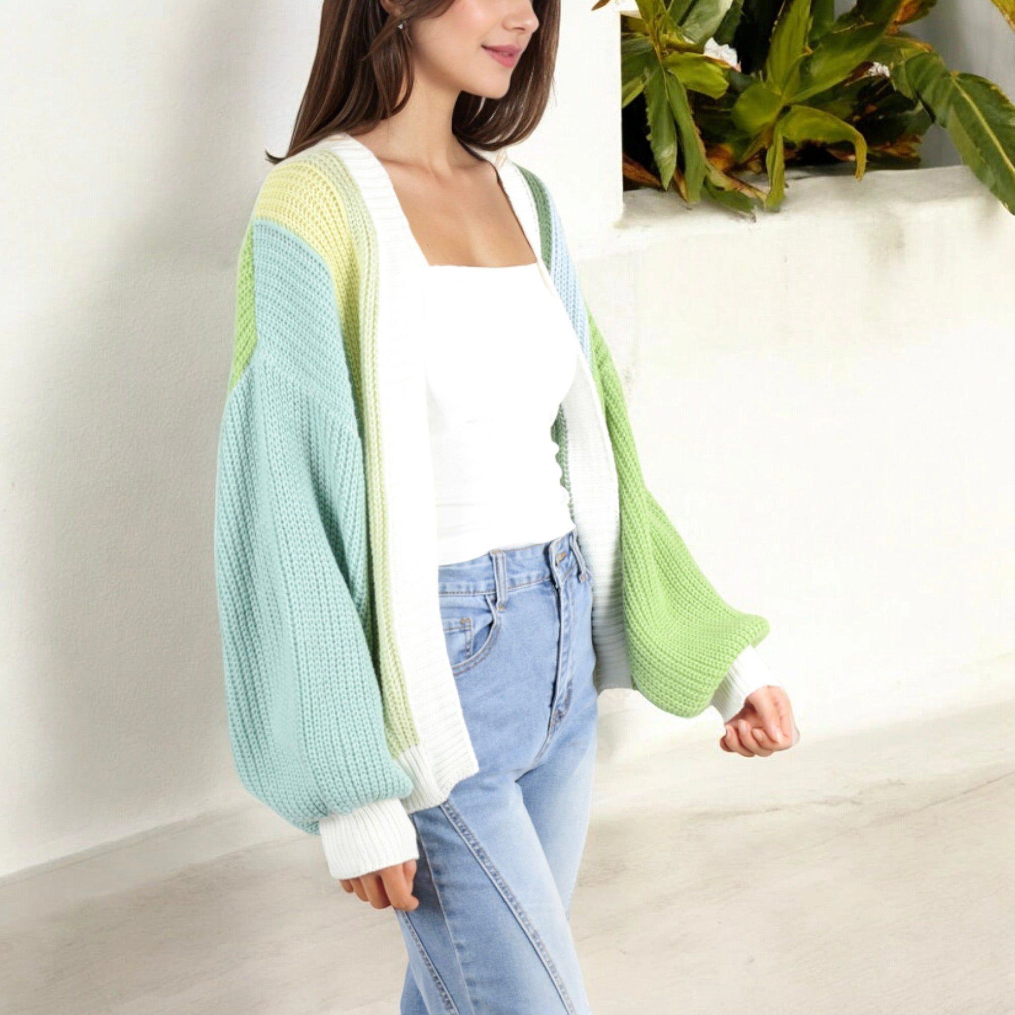 Anna-Kaci Women's Long Sleeve Open Front Color Block Knit Cardigan with Ribbed Cuffs and Hem