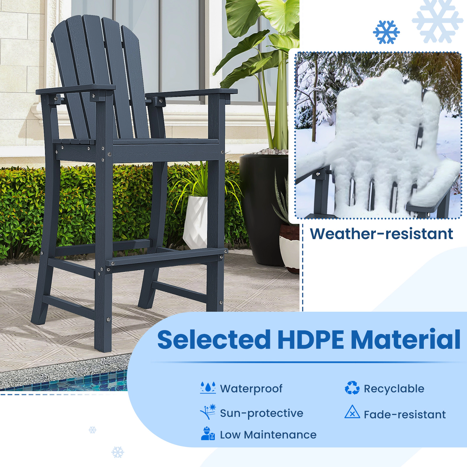 SUGIFT Set of 2 Outdoor HDPE Counter Height Bar Stool Chairs Armrests & Footrest 360-lb Capacity 52-in Tall Navy Bar Set