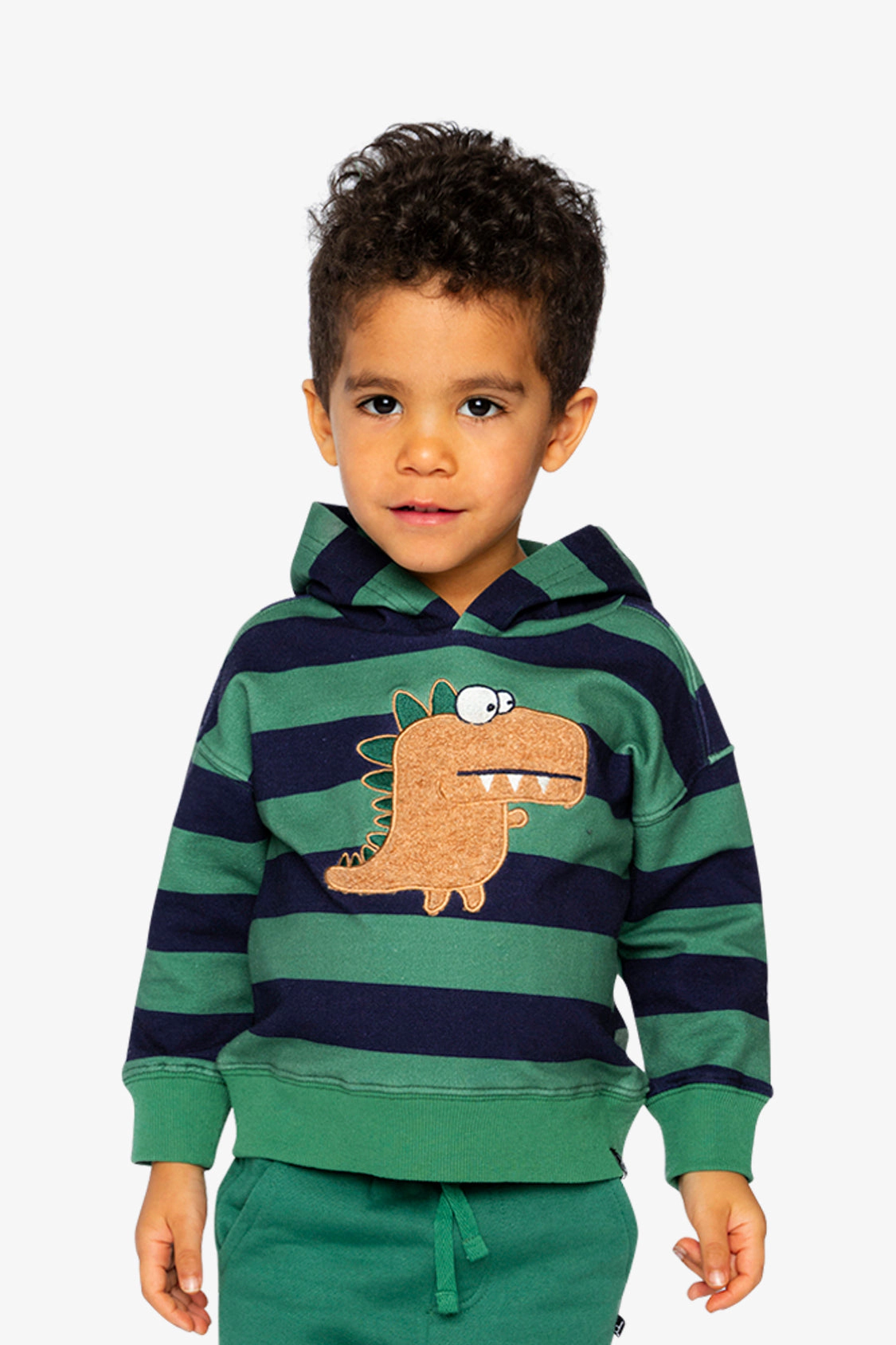 Deux par Boys Striped Fleece Hoodie with Dino Appliqu