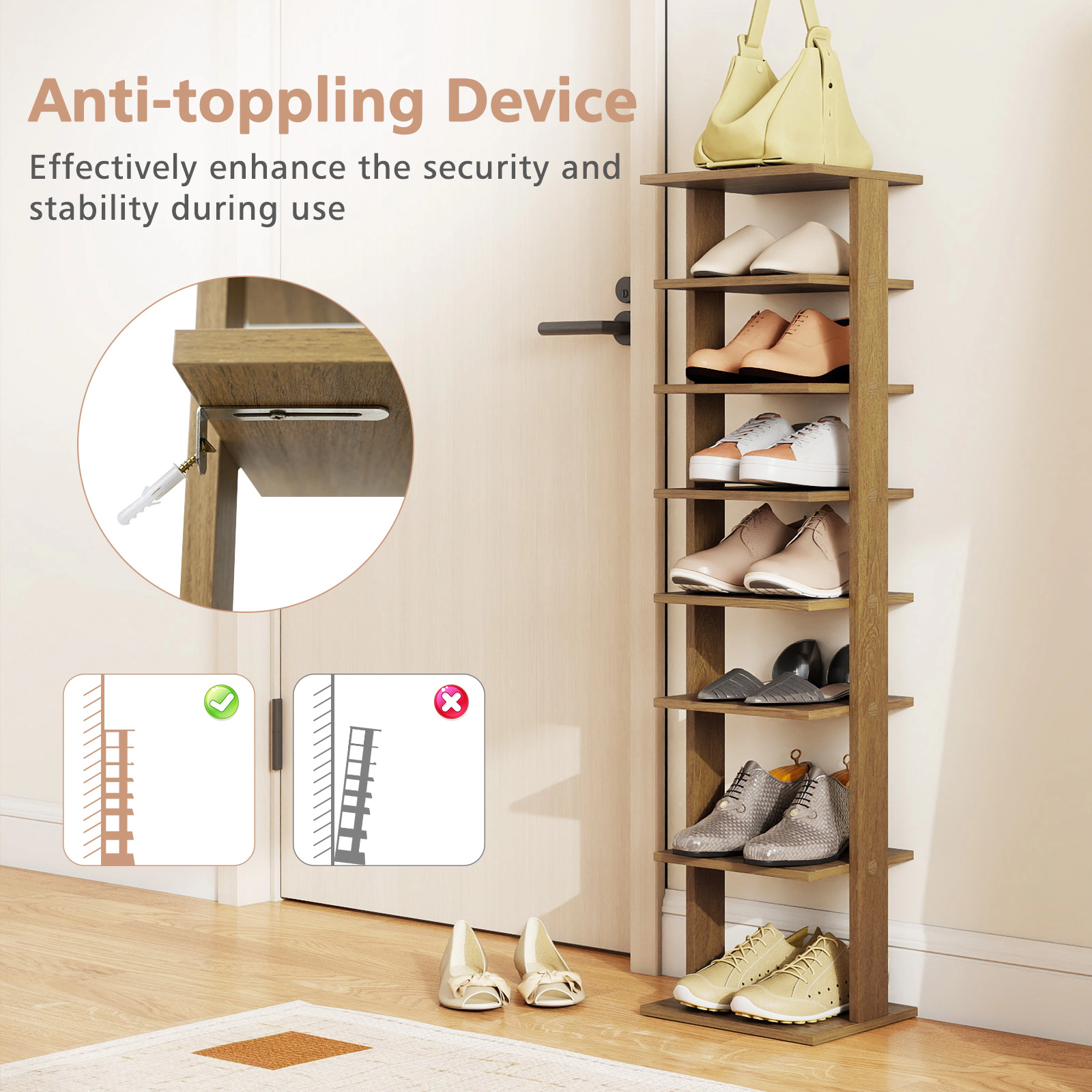 SUGIFT 7-Tier Natural 11-in Wide Space-Saving Skinny Wood Shoe Rack Tower for Front Door and Apartment