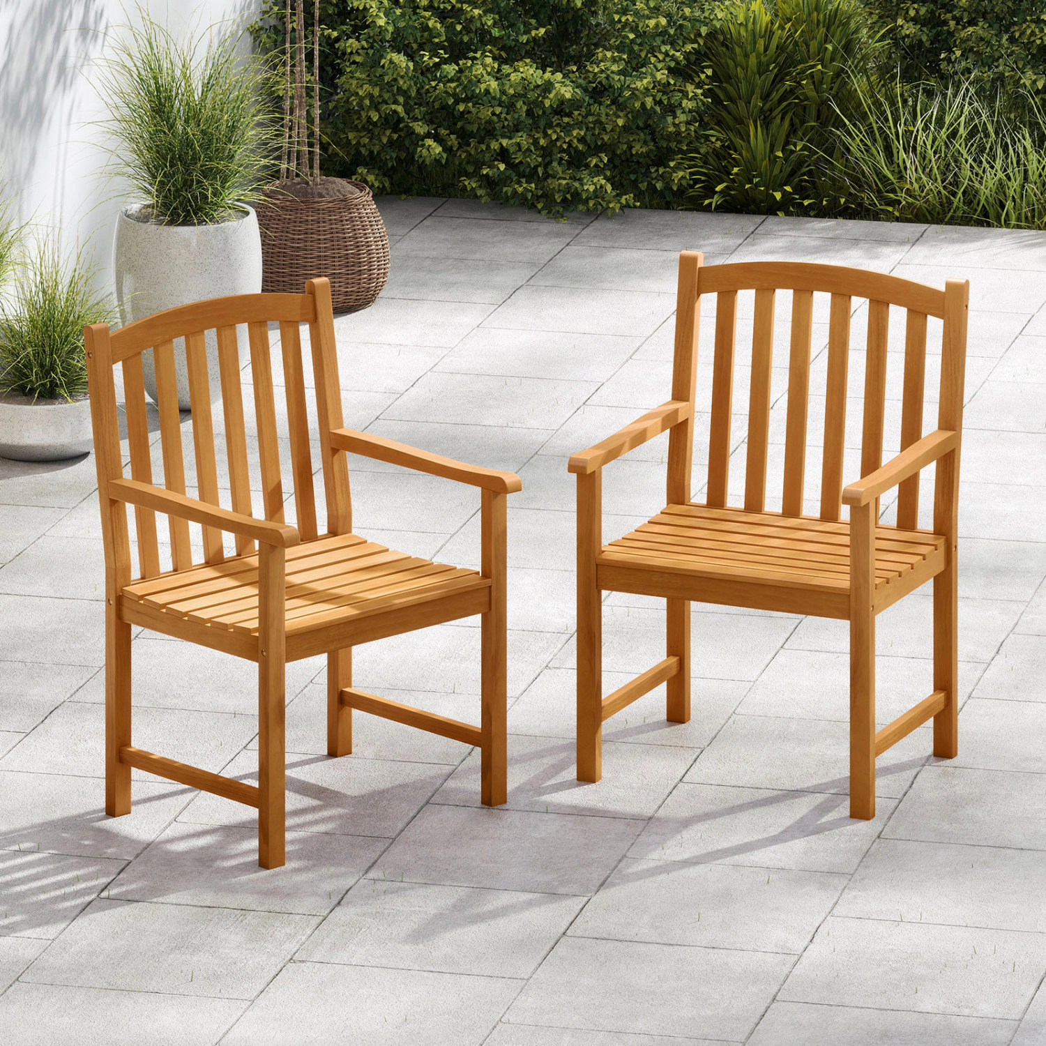 LJG Solid Acacia Wood Patio Chairs Set of 2 with Slatted Seat and Inclined Backrest for Porch