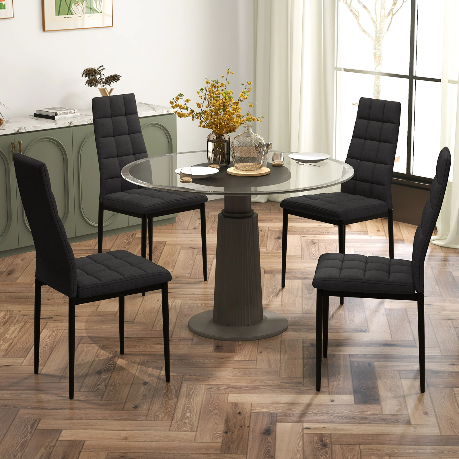 SUGIFT Black Fabric High Back Upholstered Cushion Metal Legs Set of 4 Dining Chairs