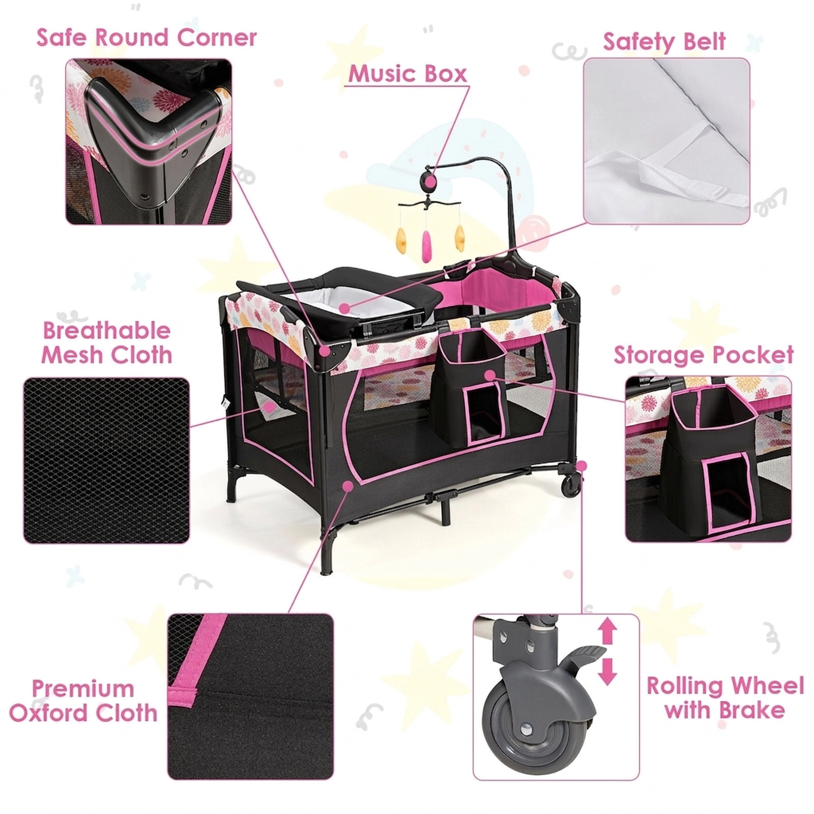 SUGIFT Baby 3-in-1 Bedside Bassinet Diaper Table Locking Wheels Playard 40-in x 28.5-in x 31.5-in 33-lb Capacity Pink