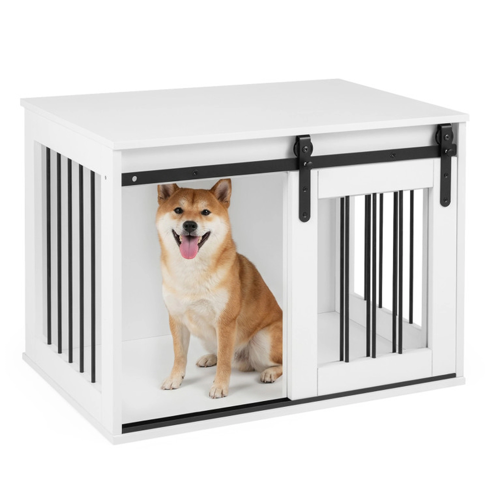 SUGIFT White 31.5-in Dog Crate Furniture Kennel with Sliding Barn Door Slatted Side Windows and Tabletop